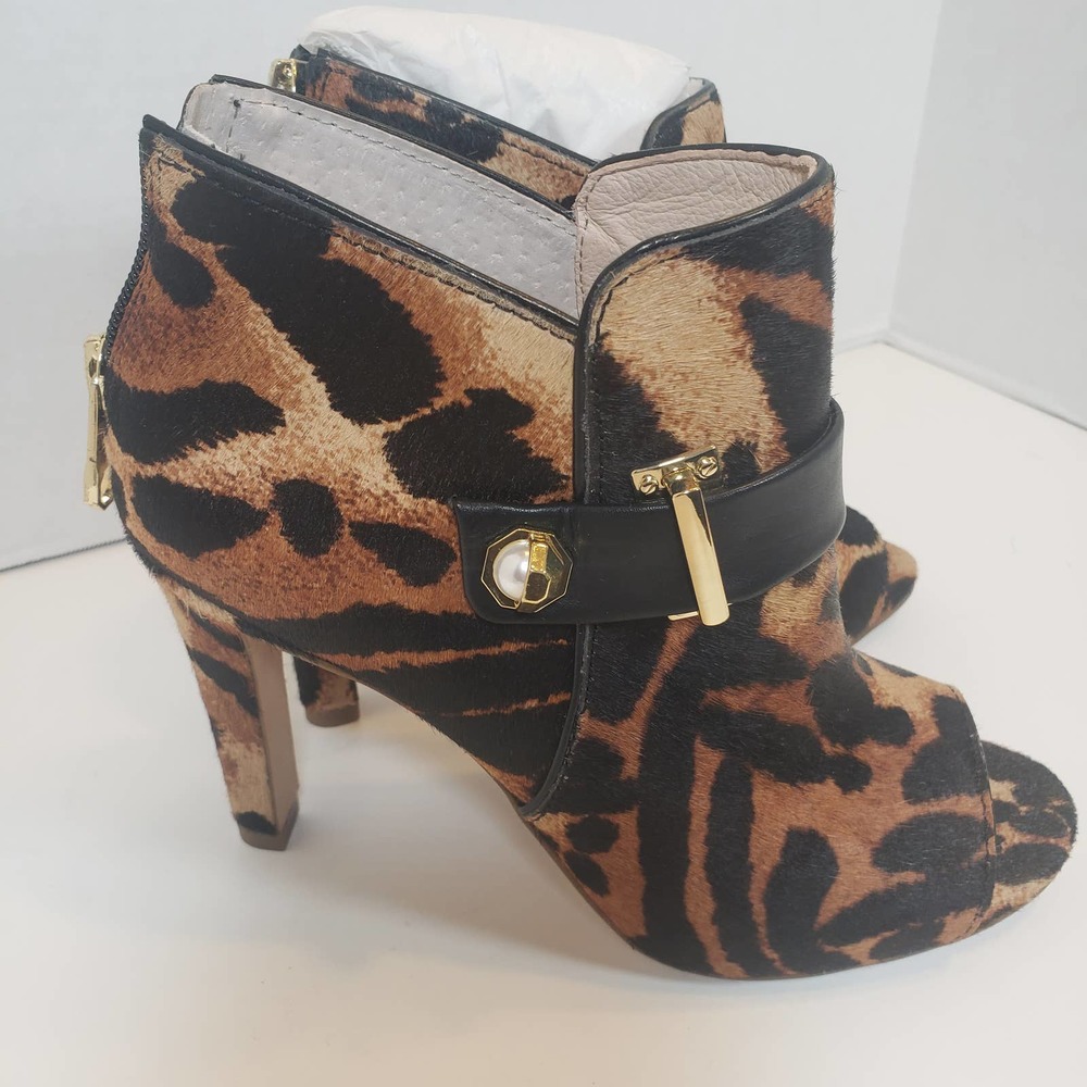Louise et Cie Lo Lander 3 Leopard Bootie Calf Pony Hair Fur 6 Peep Heel Zip Gold